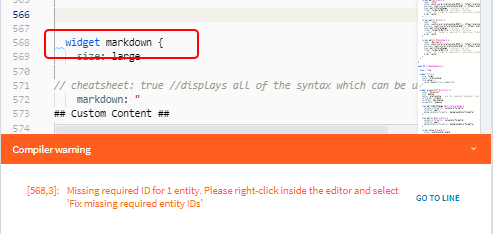 Example of an entity ID missing, and the resulting compiler message