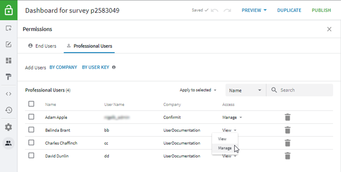 Setting the manage report access level for a user