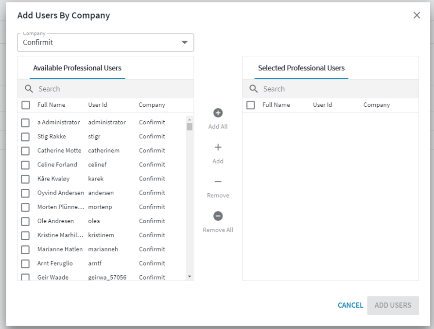 Example of the add users overlay
